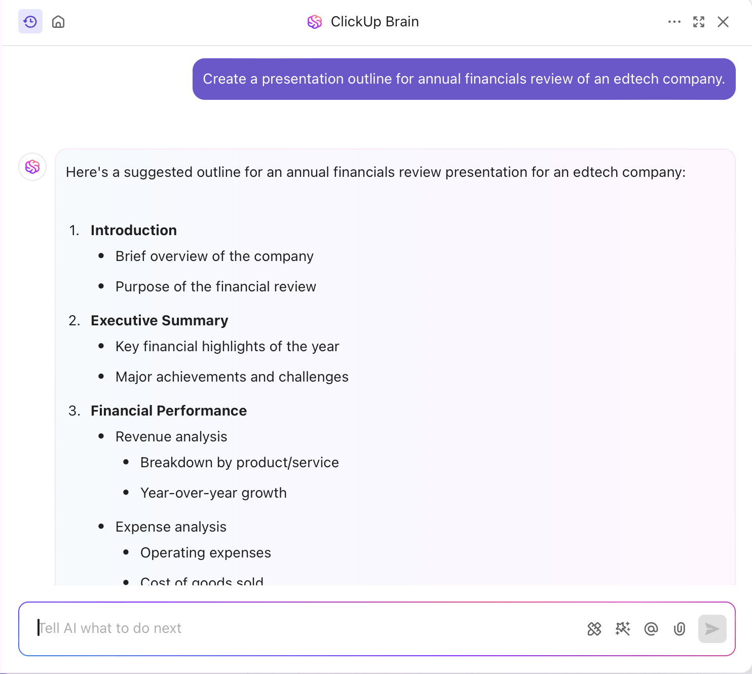 Create presentation outlines and insights with ClickUp Brain